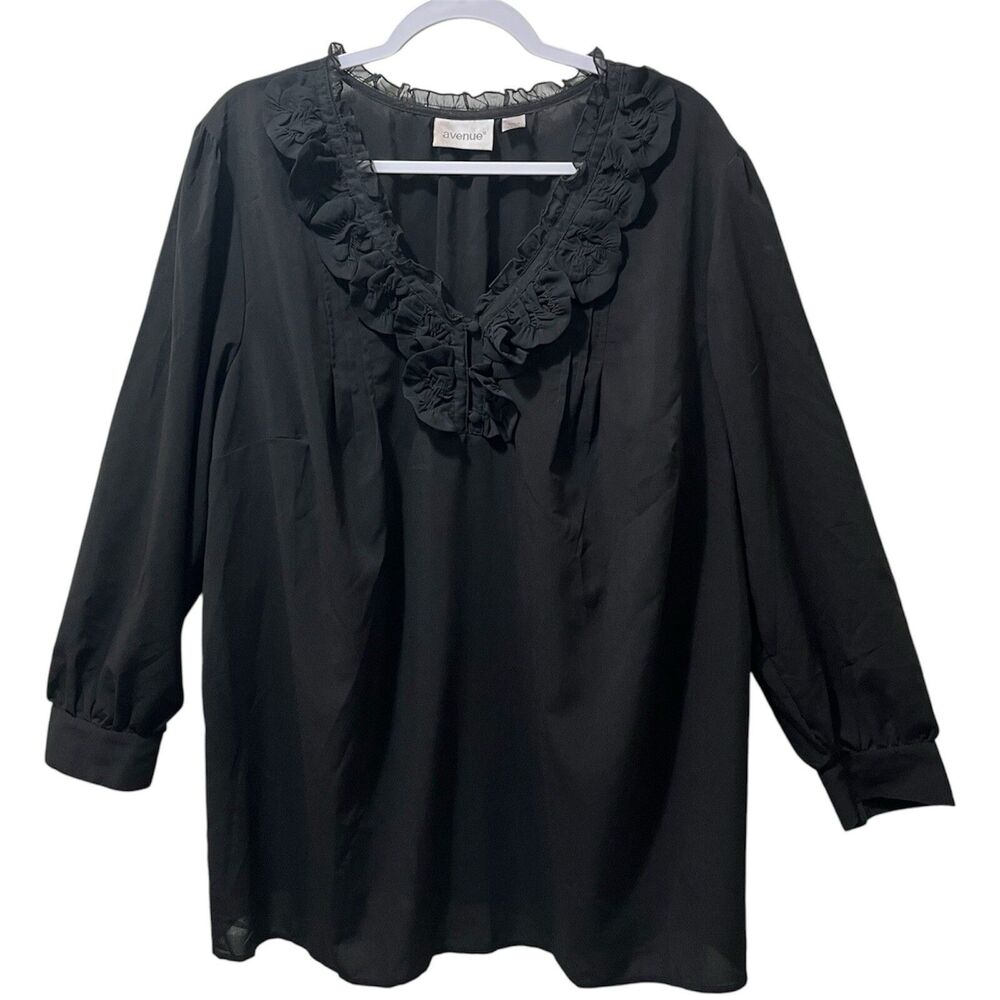 Avenue Black Ruffle Blouse 22 24 2X 3X Layered V Neck Button Cuff Sheer Top